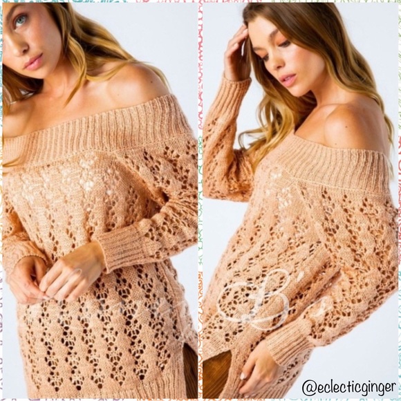 Tan ‘Skin’ Open knit off shoulder long sleeve sweater Size S/M or M/L - Picture 2 of 4